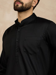 Black Solid Cotton Pathani Kurta Pajama Set For Men