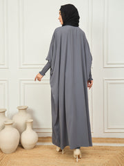 Front Open Grey Solid Loose Fit Kaftan Abaya With Black Georgette Hijab
