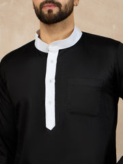 Black Solid Mandarin Collar Cotton Kurta For Men With Piping Detailing