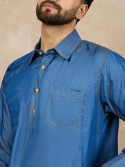 Blue Solid Denim Pathani Kurta Pajama Set For Men