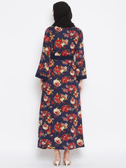 Blue and Red Floral Printed Shrug Attached Casual Abaya for Women With Black Georgette Scarf