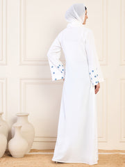 Front Open White Solid Hand Work Detailing Luxury Abaya Burqa For Women With Matching Georgette Hijab