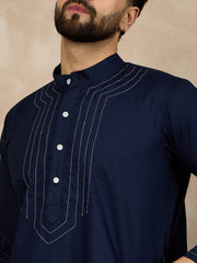 Blue Solid Thread Detailing Cotton Arabic Jubba / Thobe For Men