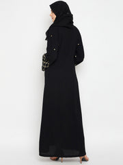 Hand Work Detailing Black Solid Front Open Luxury Abaya Burqa