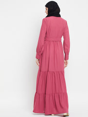 Frilled Pink Abaya Burqa For Women With Belt and Black Hijab