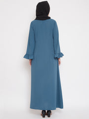 Blue & Black Bell Sleeves Abaya for Women with Black Georgette Scarf