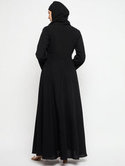 Zip Closure Black Abaya Dress For Women With Black Georgette Scarf