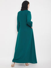 Front Open Bottle Green Solid Mandarin Collar Abaya Burqa With Black Hijab