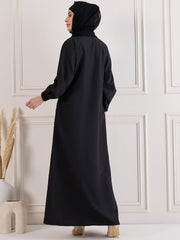 Front Open Zip-Closure Black Abaya Burqa Paired With Black Georgette Hijab