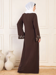 Hand Work Detailing Brown Solid Luxury Abaya Burqa For Women With White Hijab