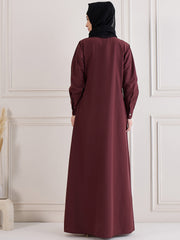 Front Open Maroon Solid Kashibo Abaya Burqa With Black Georgette Hijab