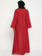 Red Floral Printed Front Open Shrug with Black Georgette Hijab