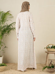 Striped Printed Front Open Abaya with Black Hijab