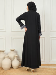 2 Piece Piping Detailing Solid Shrug Set Abaya with Black Georgette Hijab for Women