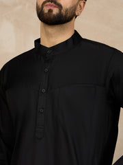 Black Solid Cotton Mandarin Collar Arabic Thobe / Jubba For Men