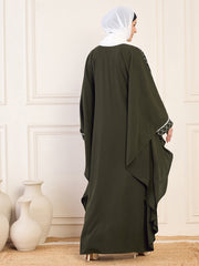 Handworked Olive Green Solid Luxury Kaftan Abaya for Women with White Georgette Hijab