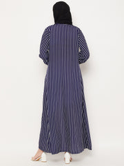 Blue Stripe Front Open Abaya for Women with Black Georgette Scarf