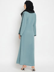 Hand Work Detailing Sea Green Solid Luxury Abaya Burqa Paired with Black Hijab