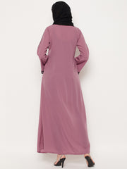 Puce Pink Embroidery Work Front Open Abaya for Women with Black Georgette Scarf