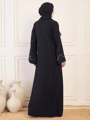 Handwork Detailing & Bell Sleeves Black Solid Luxury Abaya Burqa for Women with Black Hijab