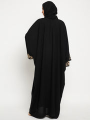 Embroidery Work Solid Loose Fit Black Abaya Burqa For Women With Black Georgette Scarf