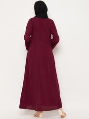 Maroon Embroidery Work Front Open Abaya for Women with Black Georgette Scarf