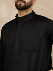 Men's Arabic Black Solid Mandarin Collar Cotton Thobe/Jubba