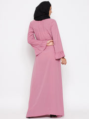 Puce Pink & Black Bell Sleeves Abaya for Women with Black Georgette Scarf