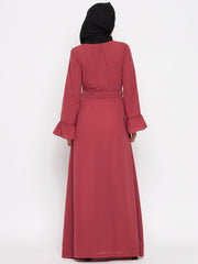 Rust & Black Bell Sleeves Abaya for Women with Black Georgette Scarf