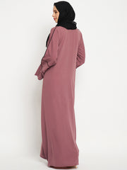 Pink A-Line Black Piping Design Abaya for Women with Black Georgette Hijab