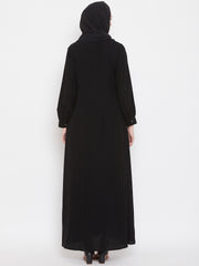 Front Open Black Solid Mandarin Collar Abaya Burqa With Black Hijab