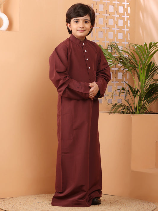 Maroon Solid Mandarin Collar Thobe / Jubba For Kids Boys