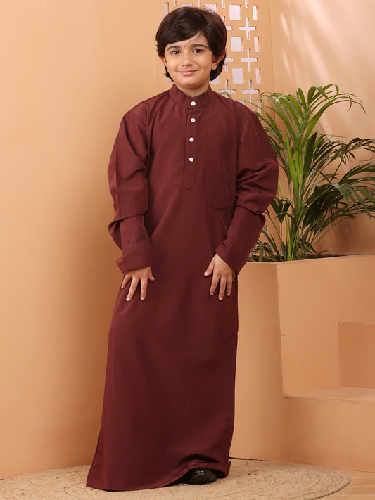 Maroon Solid Mandarin Collar Thobe / Jubba For Kids Boys