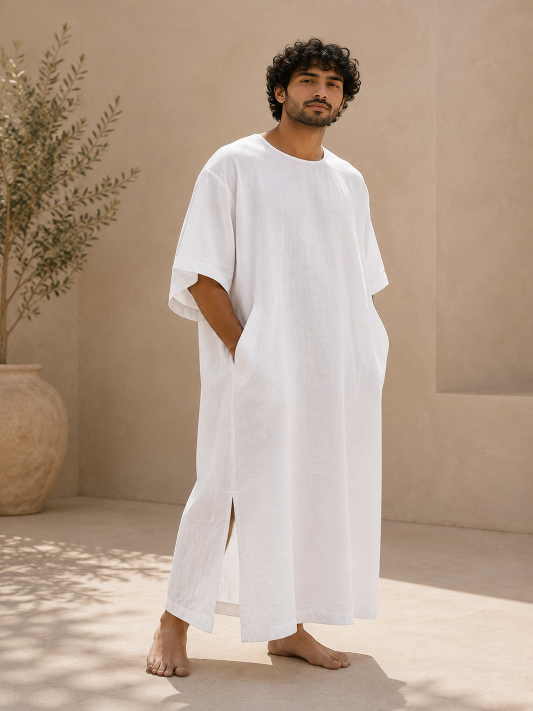 Men’s White Pure Linen Kaftan – Oversized Resort Wear