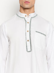 Embroidery Details Mens Solid White Mandarin Kurta