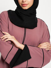 Pink A-Line Black Piping Design Abaya for Women with Black Georgette Hijab