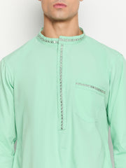 Embroidery Details Mens Solid Sea Green Kurta