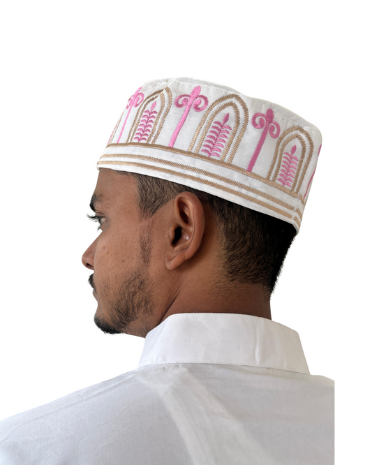 White Embroidered Prayer Kufi Cap for Men