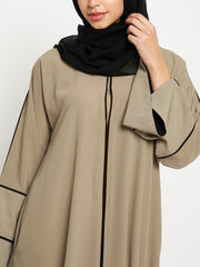 Beige A-Line Black Piping Design Abaya for Women with Black Georgette Hijab