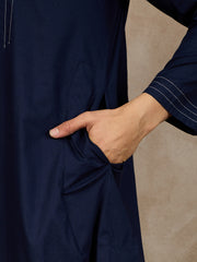 Blue Solid Thread Detailing Cotton Arabic Jubba / Thobe For Men