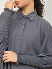 Front Open Grey Solid Loose Fit Kaftan Abaya With Black Georgette Hijab