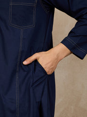 Men's Blue Solid Thread Detailing Cotton Arabic Jubba / Thobe