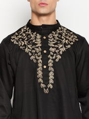 Mens Solid Embroidery Details Black Mandarin Kurta