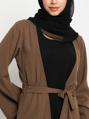 Inner Part Included Oat Solid Front Open Shrug with Black Georgette Hijab