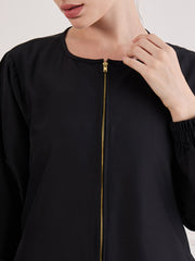 Front Open Zip-Closure Black Abaya Burqa Paired With Black Georgette Hijab