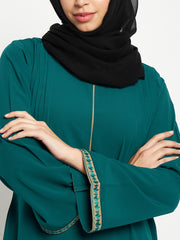 Embroidery Work Solid Women Bottle Green Abaya Burqa With Black Georgette Scarf