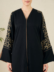 Front Open Black Embroidered Abaya with Black Scarf