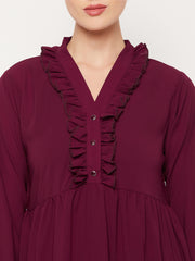 Maroon Ruffle Design Abaya for Women with Black Georgette Scarf