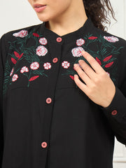 Front Open Embroidery Black Abaya/Burqa with Matching Georgette Hijab