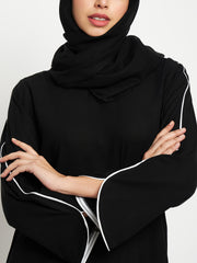 Piping Design Black Solid Women A-line Abaya Burqa With Black Georgette Scarf